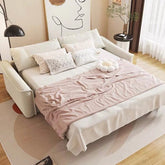 Cream fabric couch with tri-fold layout – convertible sofa bed design, sleeper sofa, 3-seater form